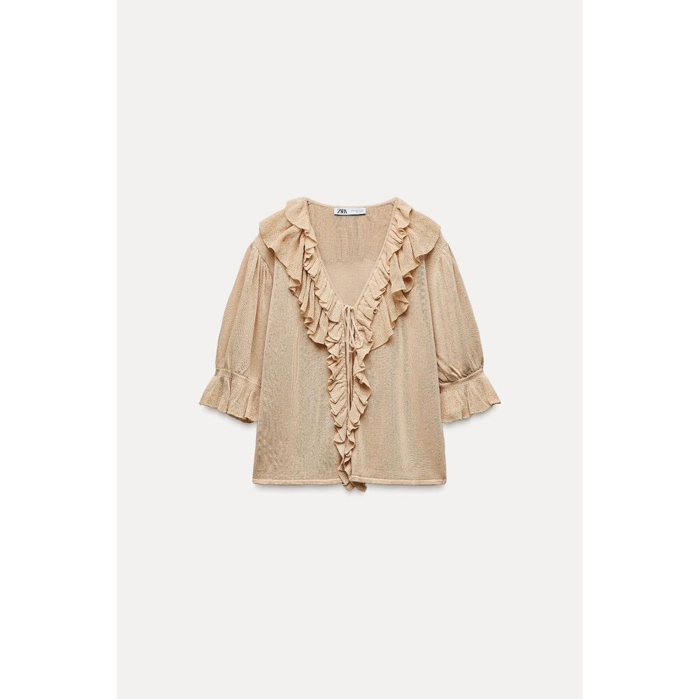 Beige Zara Ruffle Tie-String Front Lightweight Knit Cardigan Sweater (NWT)